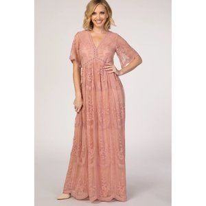 PinkBlush Lace Mesh Overlay Maternity Friendly Maxi Dress Size Large Dusty Rose